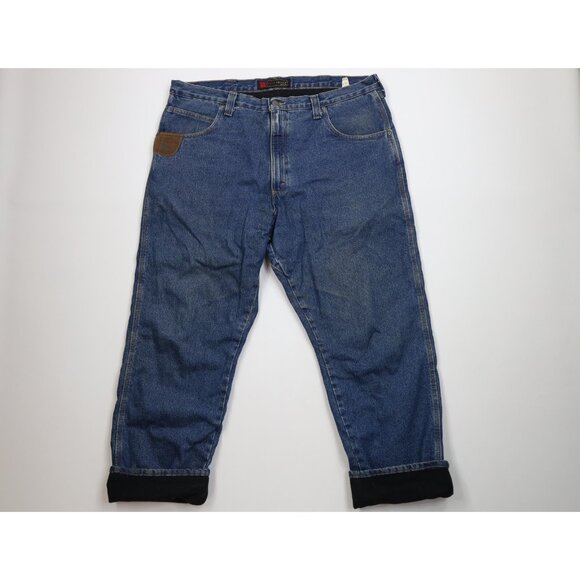 Vintage Y2K Wrangler Mens 40x30 Distressed Fleece Lined Bootcut Denim Jeans Blue - Picture 1 of 16